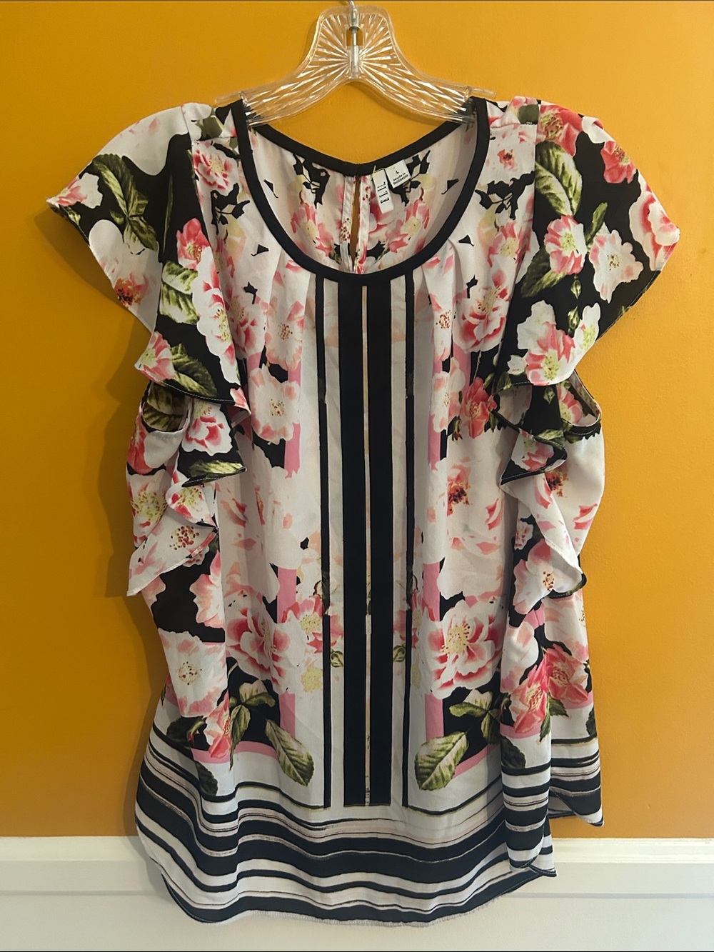 Elle Floral Ruffle Sleeve Blouse in Pink, Black, Cream